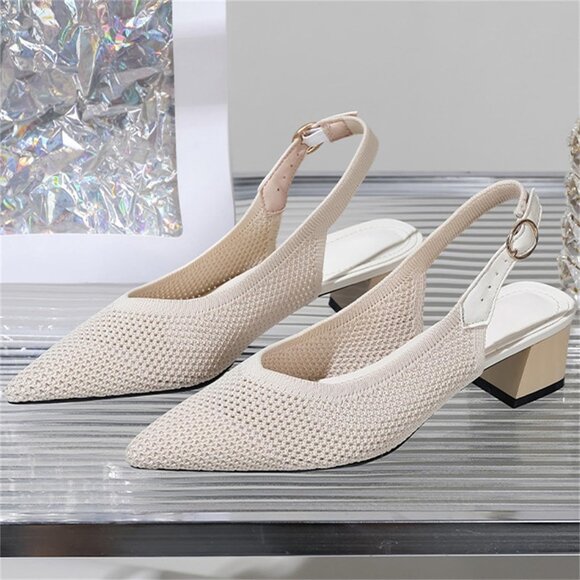 Women's Beige Slingback Block Heel Pumps Ladies Closed Pointed Toe Weave Sandals - Picture 6 of 6